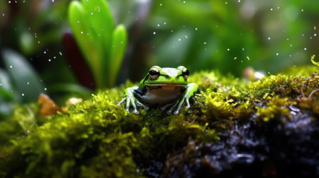photo of a frog, macro photography , stream of fresh water, young green plant, outdoor springtime. beautiful Generative AI AIG32の素材