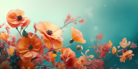 Beautiful abstract coral, turquoise, and yellow misty morning photo floral design background banner. beautiful Generative AI AIG32の素材