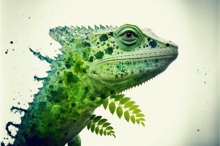 Contemporary abstract artwork double exposure of green lizard and forest landscape design, concept of animal and natural wilderness adventure. Superb Generative AI.の素材