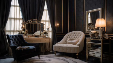 Bedroom decor, home interior design . Art Deco Glam style with Wallpaper decorated with Brass and Marble material . Generative AI AIG26.の素材