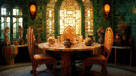 Interior design inspiration of Art Nouveau Bohemian style home dining room loveliness decorated with Ceramic and Brass material and Mosaic Tiles .Generative AI home interior design .の素材