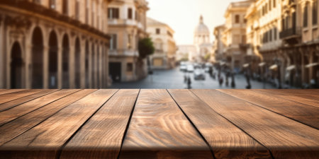 The empty wooden table top with blur background of Rome street. Exuberant image.の写真素材