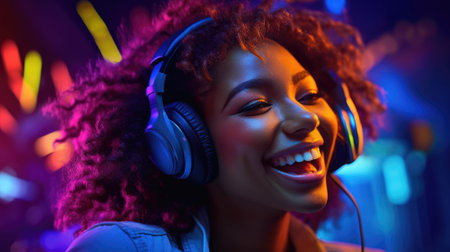 candid shot of an excited young african woman party with headphones. beautiful Generative AI AIG32の素材