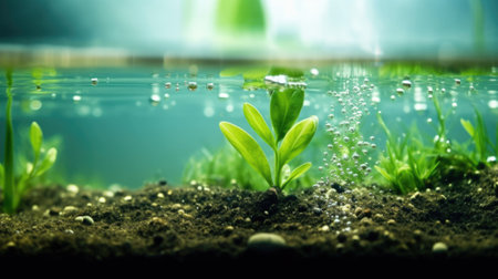 half underwater split, macro photography, stream of fresh water, young green plant, outdoor springtime. beautiful Generative AI AIG32の素材