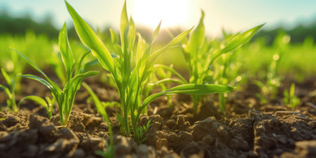 Springtime corn field with fresh, green sprouts in soft focus. beautiful Generative AI AIG32の素材