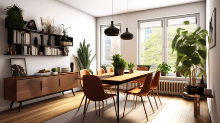 Interior design inspiration of Mid-Century Modern Scandinavian style home dining room loveliness decorated with Wood and Leather material and Pendant Light .Generative AI home interior design .の素材