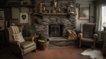 Living room decor, home interior design . Rustic Farmhouse style with Fireplace decorated with Wood and Stone material . Generative AI AIG26.の素材