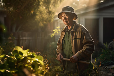 Male Asian senior gardening in backyard plants earthly. Generative AI AIG23.の素材