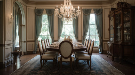 Interior design inspiration of Traditional Classic style home dining room loveliness decorated with Marble and Crystal material and Chandelier .Generative AI home interior design .の素材