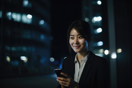 Wide angle shot of a young chinese japanese businesswoman executive using mobile phone with background of modern office buildings at night. Generative AI AIG18.の素材