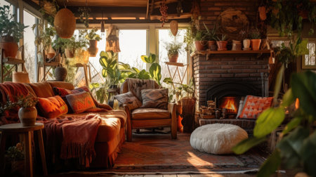 Living room decor, home interior design . Rustic Bohemian style with Fireplace decorated with Wood and Textile material . Generative AI AIG26.の素材