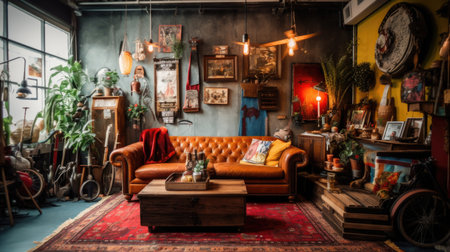 Living room decor, home interior design . Bohemian Industrial style with Gallery Wall decorated with Wood and Metal material . Generative AI AIG26.の素材
