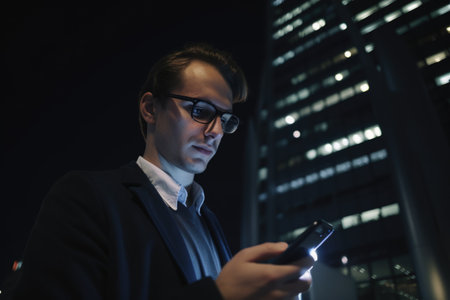 a young caucasian businessman executive using mobile phone with background of modern office buildings at night Generative AI AIG18.の素材