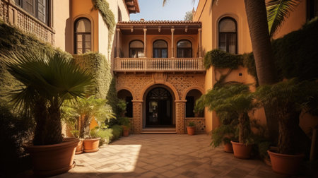 Home architecture design in Ranch Style with Indoor-outdoor living constructed by Stone and Wood material. Mid-century modern ranch style. Generative AI AIG25 .の素材