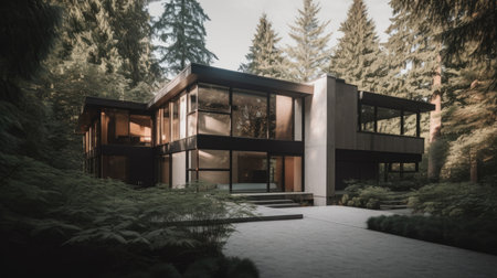 Home architecture design in Mid-century modern Style with Courtyard constructed by Wood and Glass material. Mid-century modern architecture style. Generative AI AIG25 .の素材