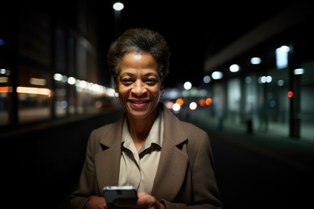 Wide angle shot of a senior african-american businesswoman executive using mobile phone with background of modern office buildings at night. Generative AI AIG18.の素材
