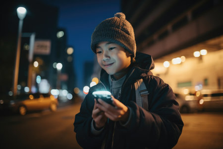 Wide angle shot of a young chinese japanese 10-year-old little boy trendy clothes using mobile phone with background of urban city street at night. Generative AI AIG18.の素材