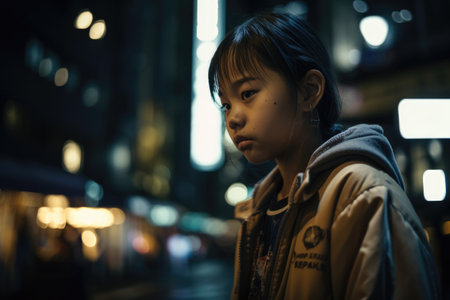Low angle shot of a young chinese japanese 10-year-old little girl trendy clothes using mobile phone with background of urban city street at night. Generative AI AIG18.の素材