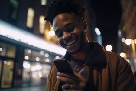 Low angle shot of a young african-american man trendy clothes using mobile phone with background of urban city street at night. Generative AI AIG18.の素材
