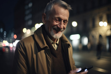 a young caucasian man trendy clothes using mobile phone with background of urban city street at night Generative AI AIG18.の素材