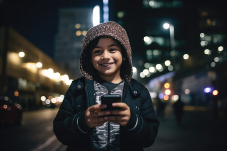 Wide angle shot of a young mexican hispanic 10-year-old little boy trendy clothes using mobile phone with background of urban city street at night. Generative AI AIG18.の素材