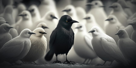 Difference concept showing by extraordinary bird standing out of the crowd. superlative generative AI image.の素材