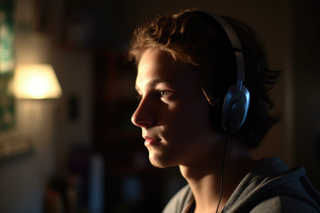 Male Caucasian teenager listening to music headphones bedroom. Generative AI AIG23.の素材