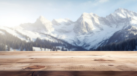 The empty wooden table top with blur background of Alpine with snow capped. Exuberant image.の写真素材