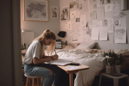 Female Caucasian teenager studying in bedroom study smart. Generative AI AIG23.の素材