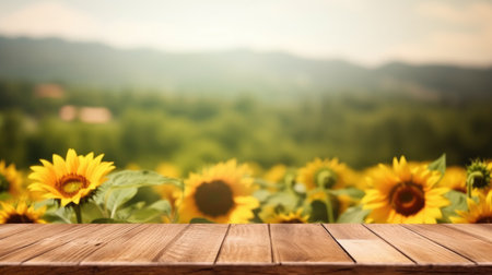 The empty wooden table top with blur background of sunflower field. Exuberant image.の写真素材