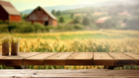 The empty wooden brown table top with blur background of farm and barn. Generative AI image AIG30.の素材