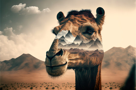 Camel abstract artwork in double exposure of sahara desert, animal art with sand landscape as dromedary with nature background concept. Superb Generative AI.の素材