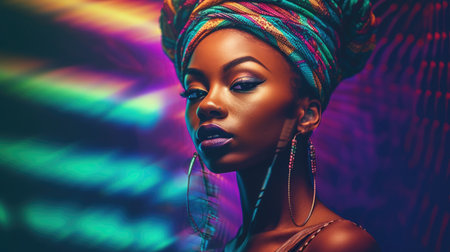 Beautiful model with colorful and trendy outfit with glowing purple green neon light, colorful dyed hair and fashionable african glitch core teenager girl. Picturesque generative AIの素材