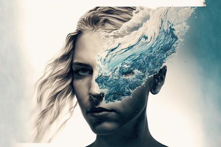 Double exposure woman portrait with natural freshness of seascape and ocean background for sense of peaceful tranquility concept. Meditative and mental ability abstract art. Superb Generative AIの素材