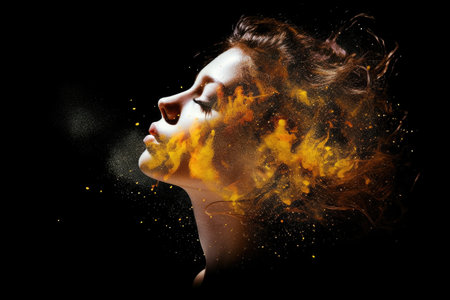 Woman portrait profile with dispersion and dissolve effect. Generative AI AIG27.の素材
