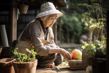 Female Asian elderly gardening in backyard plants grass. Generative AI AIG23.の素材