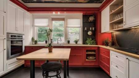 The interior design of a cozy kitchen with a dining table in a small apartment. Generative AI AIG27.の素材