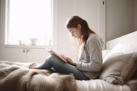 Female Caucasian teenager reading books in bedroom casual relaxing. Generative AI AIG23.の素材