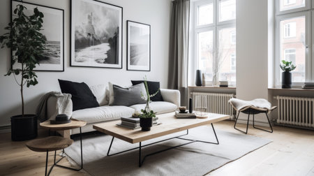 Living room decor, home interior design . Scandinavian Minimalist style with Large artwork decorated with Wood and Metal material . Generative AI AIG26.の素材