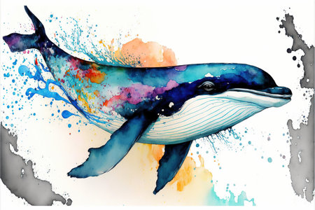 Vibrant colorful dolphin whale in watercolor splashing painting on isolated background, vivid aquatic life artwork concept. Superb Generative AIの素材