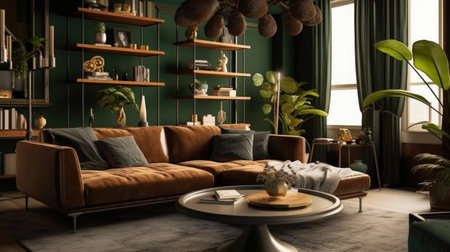 A stylish modern living room interior design with dark green and brown colors decorated with plants. Generative AI AIG27.の素材