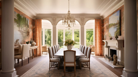 The interior design of classic dining room in luxury mansion with nature view. Generative AI AIG27.の素材