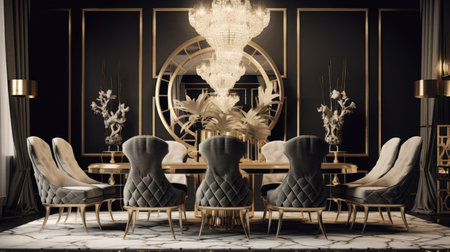 Interior design inspiration of Art Deco Glam style home dining room loveliness decorated with Gold and Velvet material and Ceiling detail .Generative AI home interior design .の素材