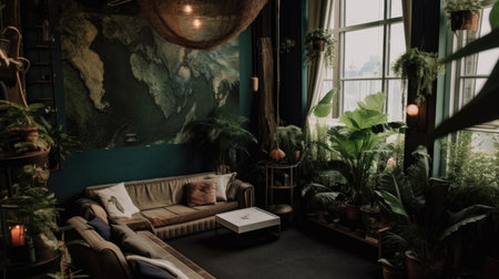 Interior design of living room with dark and moody jungle vibes. Generative AI AIG27.の素材