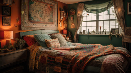 Bedroom decor, home interior design . Bohemian Eclectic style with Wall Hanging decorated with Textile and Wood material . Generative AI AIG26.の素材