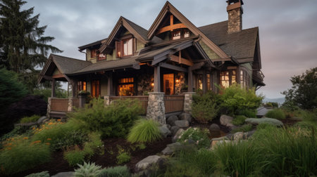 Home architecture design in Tudor Style with Half-timbered constructed by Brick and Timber material. Tudor Revival style. Generative AI AIG25 .の素材