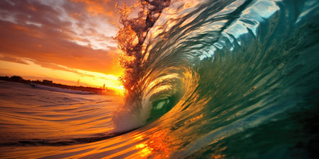 Beautiful wave in the ocean and colorful sky with sun reflecting off of the wave. Generative AI AIG27.の素材