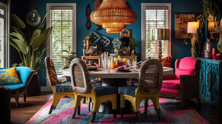 Interior design inspiration of Bohemian Eclectic style home dining room loveliness decorated with Rattan and Velvet material and Chandelier .Generative AI home interior design .の素材
