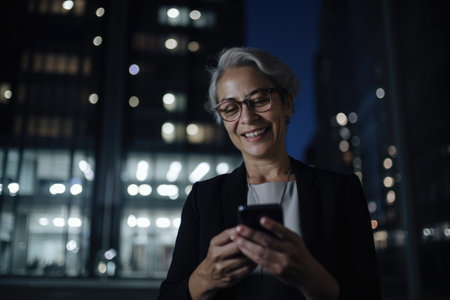Wide angle shot of a senior mexican hispanic businesswoman executive using mobile phone with background of modern office buildings at night. Generative AI AIG18.の素材
