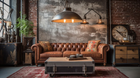 Living room decor, home interior design . Industrial Rustic style with Brick Wall decorated with Metal and Wood material . Generative AI AIG26.の素材